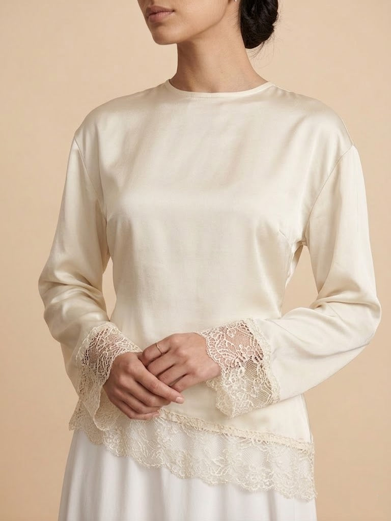 Velour Asymmetrical Lace Top - Ecru