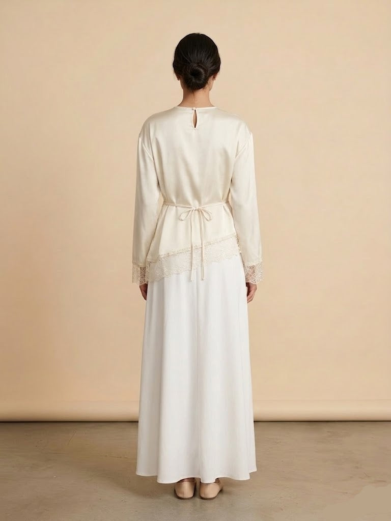 Velour Asymmetrical Lace Top - Ecru