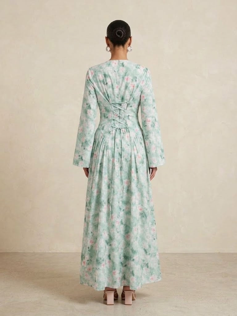 Mohsana Cotton Floral Lace-Up Dress (2 colors)