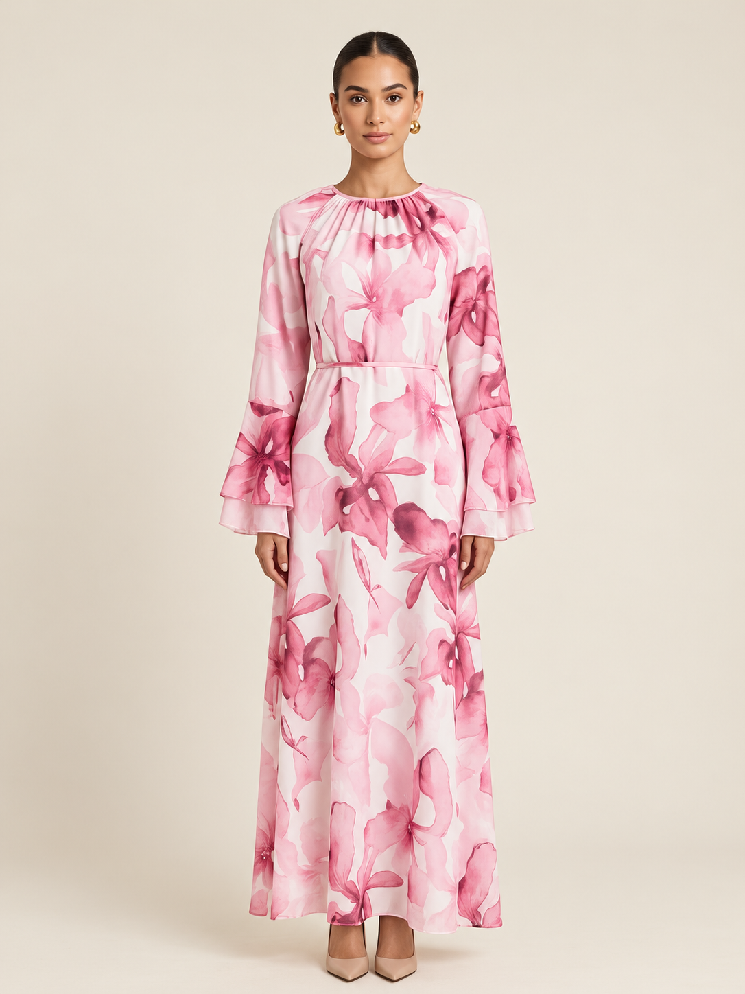 Aimen Watercolor Bloom Tiered-Sleeve Maxi Dress(7 Colors)