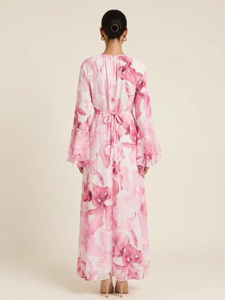 Aimen Watercolor Bloom Tiered-Sleeve Maxi Dress(7 Colors)