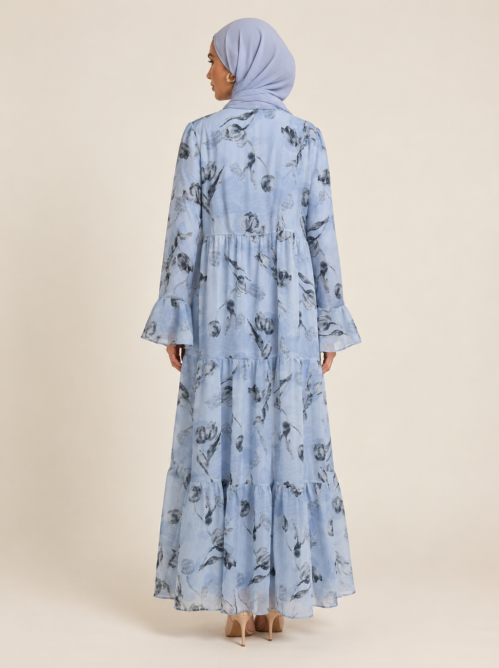 Botanical Bloom Tiered Abaya with long sleeve inner Set