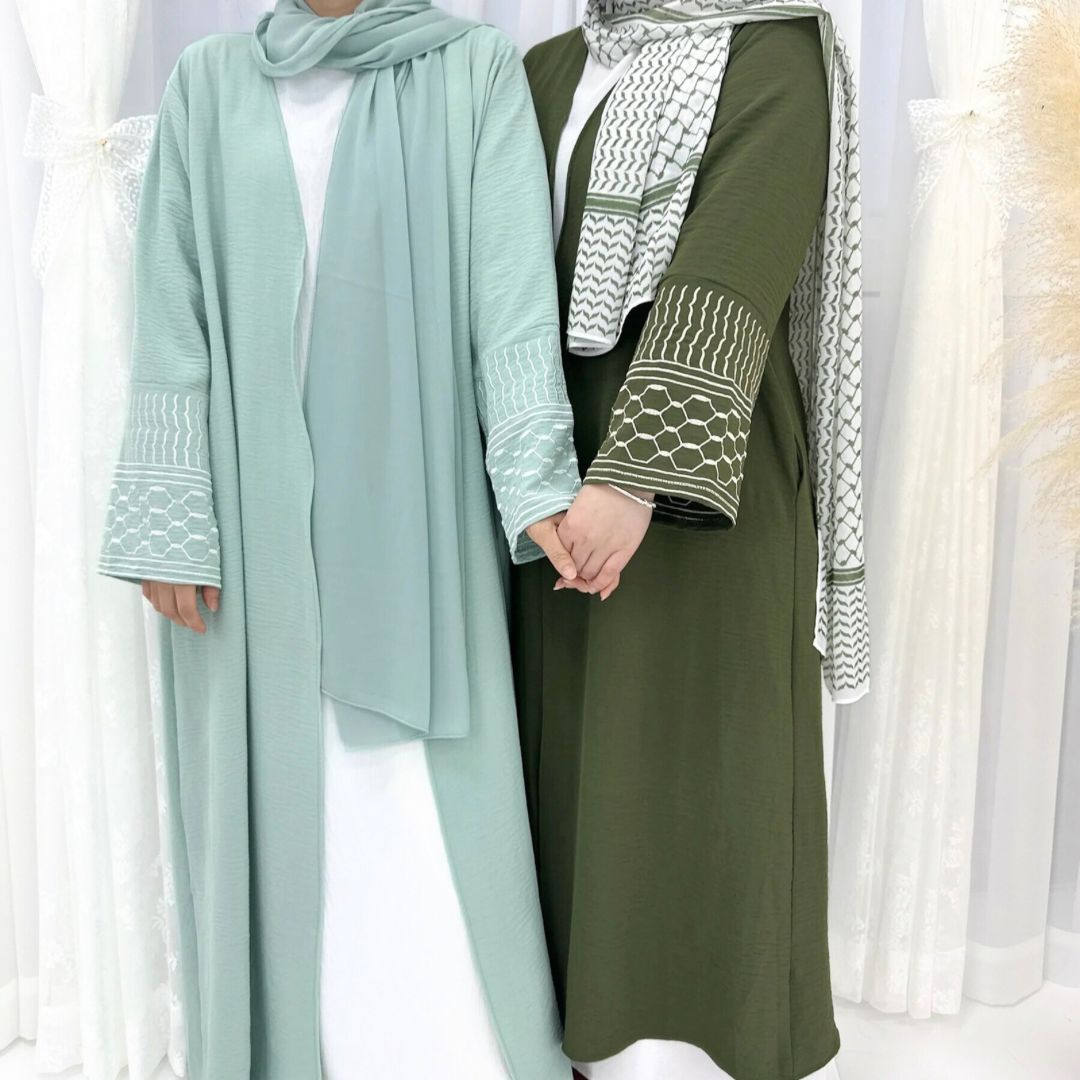 Thin embroidery Keffiyeh inspired Kimono Abaya - Olive green