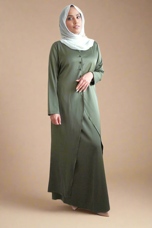 Maznah Satin Button Long top and skirt Two Piece Set