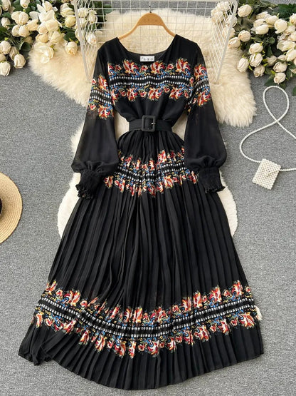 Nadyne Printed Pleated Long Dress( 6 Colors )