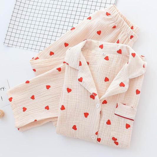 Beige Red Heart Printed Pajamas Set