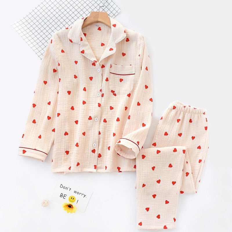 Pink Red Heart Printed Pajamas Set