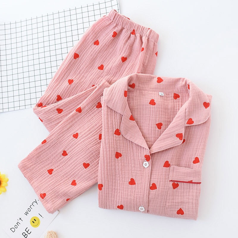 Peach-Red Heart Printed Pajama Set