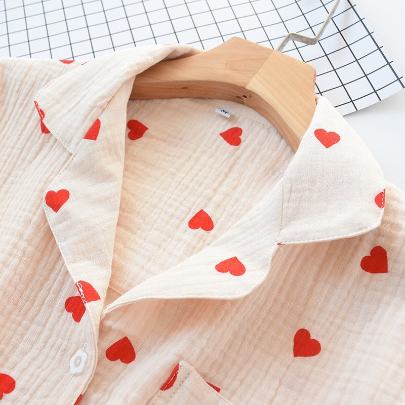 Beige Red Heart Printed Pajamas Set