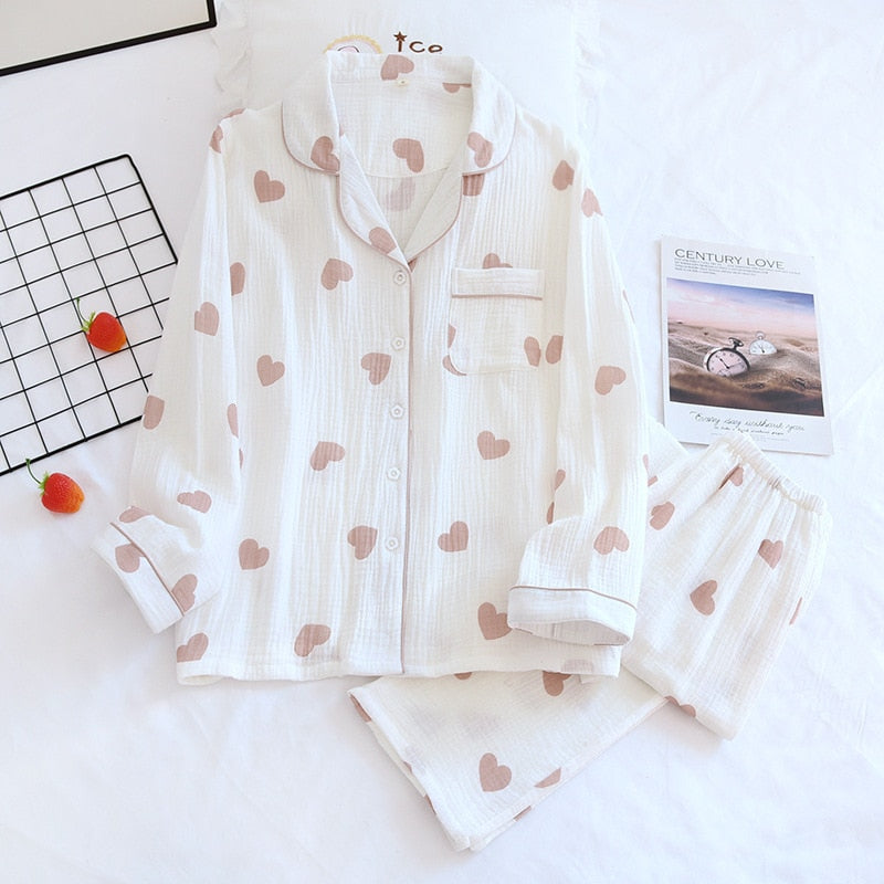 White-Brown  Heart Printed Pajamas Set