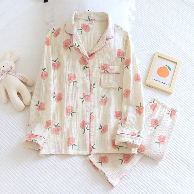 Beige Strawberry Print Pajamas Set