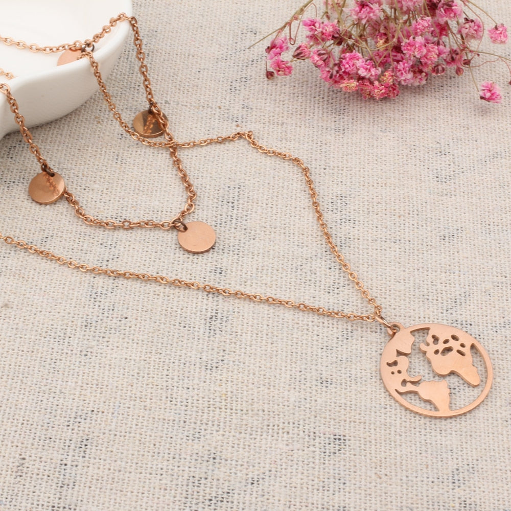Map-Coin Double Layer Necklaces