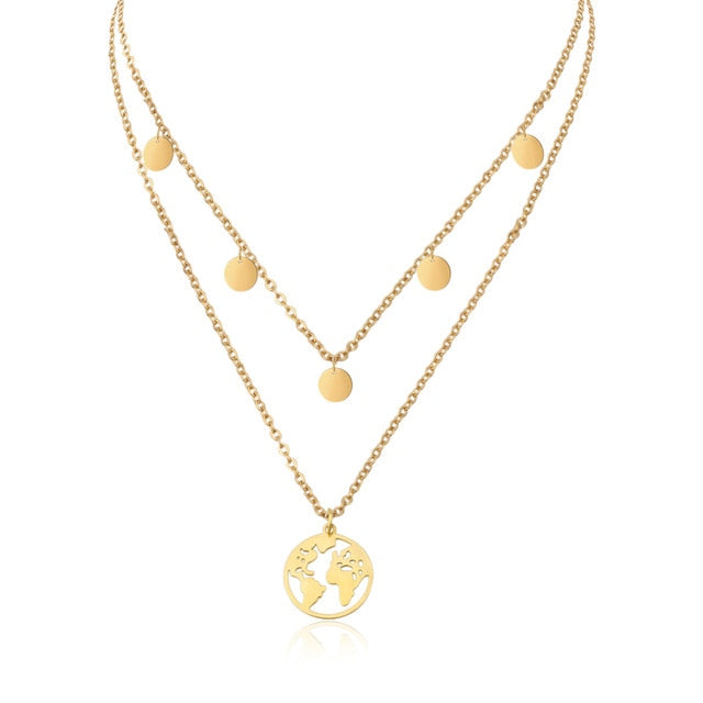 Map-Coin Double Layer Necklaces