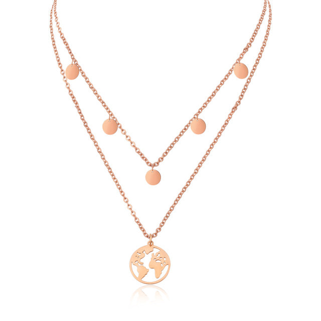 Map-Coin Double Layer Necklaces